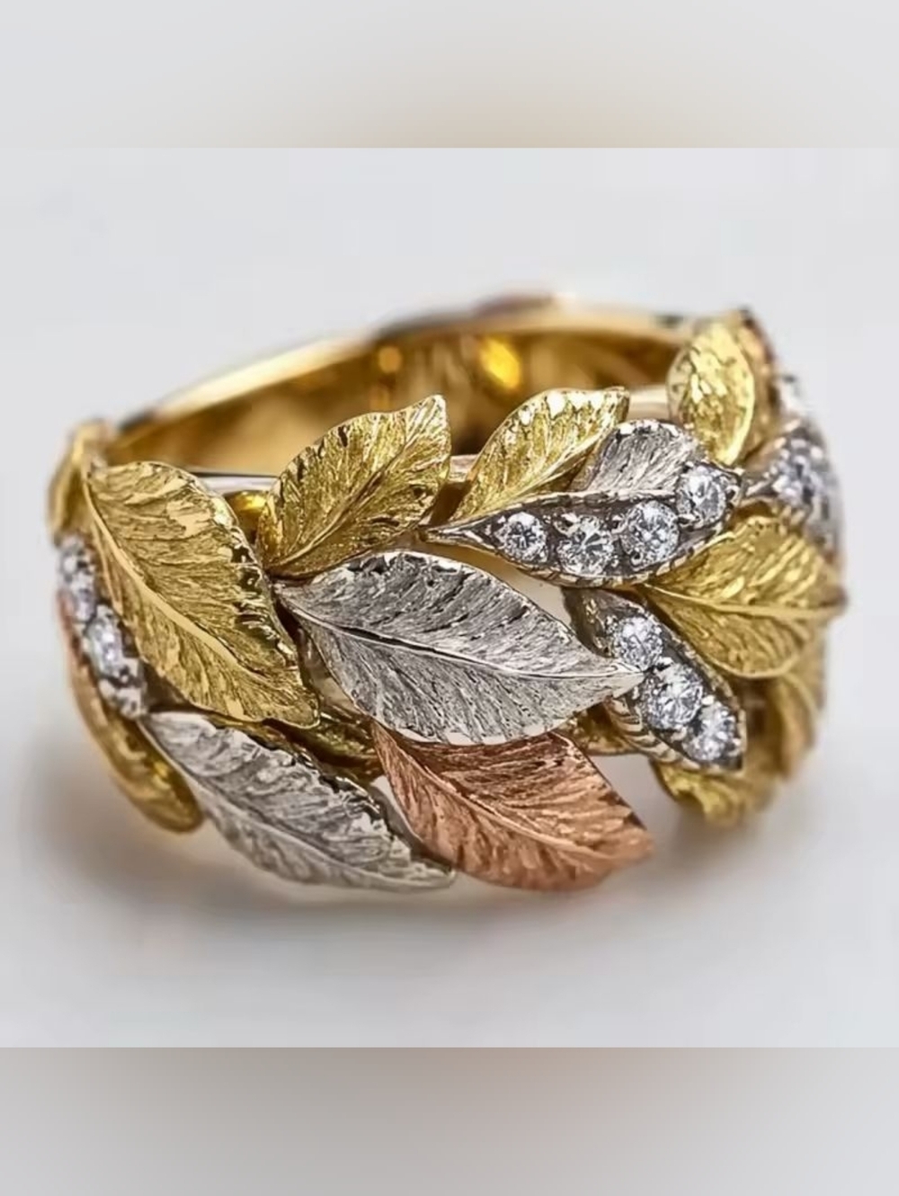 Tri-Tone Leaf Ring with Crystal Accents - Gold, Silver & Rose Gold